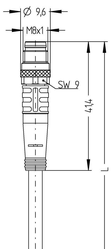 Diagramme d'un connecteur avec spécifications : Diamètre 9,6 mm, Filetage M8x1, Largeur de clé SW 9, Longueur totale 414 mm.