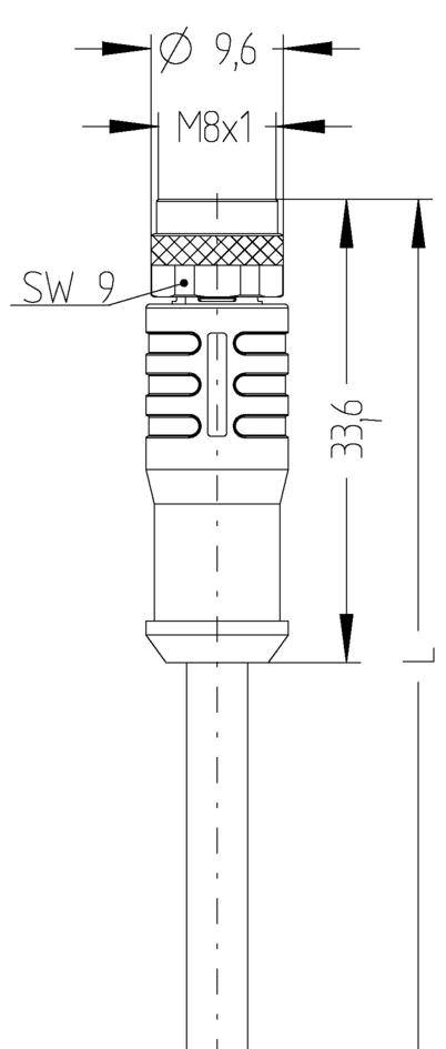 Dessin technique d'une fiche avec dimensions : Diamètre 9,6 mm, longueur 33 mm, filetage M8x1, largeur de clé SW 9.