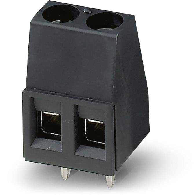 Connecteur électrique à deux bornes, boîtier noir, adapté pour un montage sur circuit imprimé.