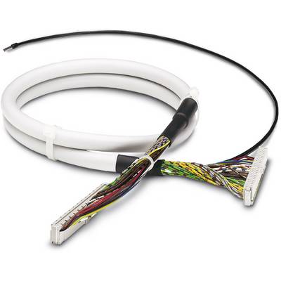 Un câble enroulé, blindé, avec de nombreux fils colorés et deux fiches d'extrémité.