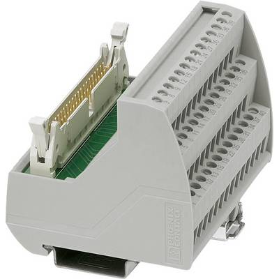 Unité de connexion pour circuits imprimés, boîtier gris, avec plusieurs bornes et un connecteur. Utilisée pour les connexions électriques.