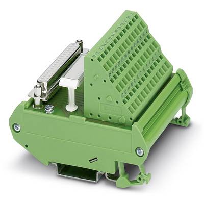 Un connecteur électrique vert avec des bornes numérotées, un connecteur D-Sub latéral et des supports de fixation.