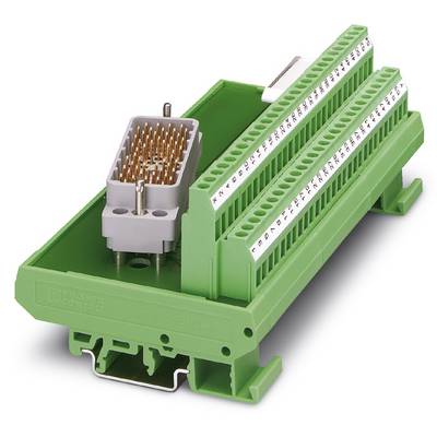 Barrette de connexion verte pour circuit imprimé avec connexion enfichable et bornes numérotées. Adapté pour le montage sur rail DIN.