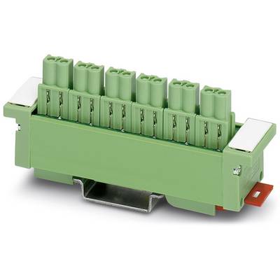Barrette de connexion verte multipoints, montée sur un support métallique. Adaptée aux installations électriques.