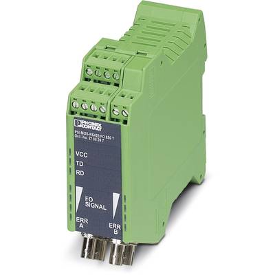 Un module électronique vert avec plusieurs connexions et étiquettes. Il semble être un appareil de communication ou un convertisseur de signaux.