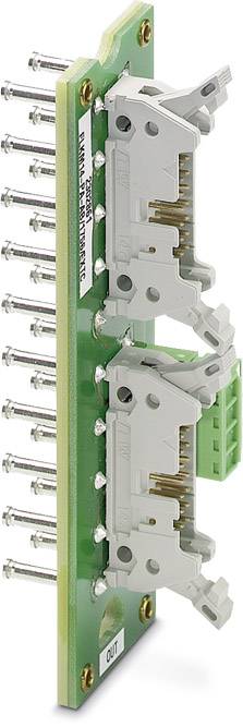 Circuit électronique avec plusieurs broches métalliques verticales, composants gris montés dessus. Les broches servent de connexions enfichables.