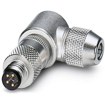 Connecteur argenté avec quatre broches dorées et un manchon fileté strié, coudé. Utilisé pour des connexions industrielles.