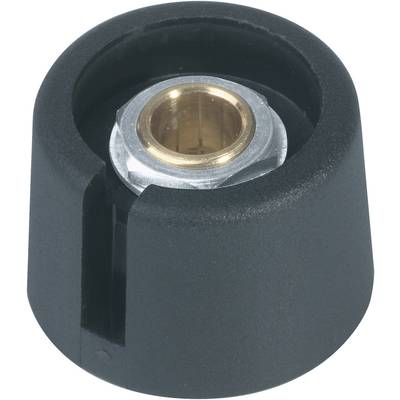 Bouton rotatif noir en plastique avec intérieur métallique, utilisé pour le contrôle d'appareils ou de machines.