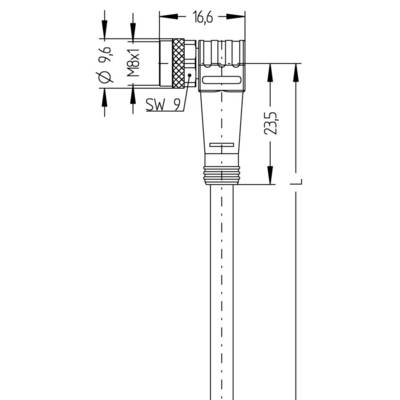 Dessin technique d'un tuyau avec dimensions spécifiques en millimètres : Ø 9,6, M8x1, SW 9, longueur 235.