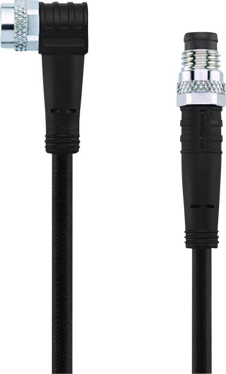 Un câble de connexion noir coudé avec une fiche métallique, adapté aux appareils électriques ou électroniques.