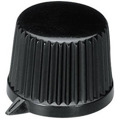 Bouton de commande noir, cannelé, de forme conique, avec un petit repère indicateur à la base.