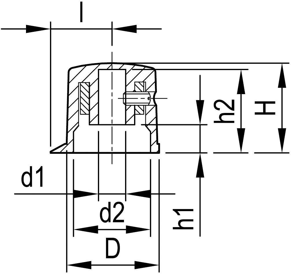 Dessin technique d'une pièce cylindrique avec dimensions. Les axes et les hauteurs sont annotés avec des lignes et des lettres (d1, d2, D, h1, h2).