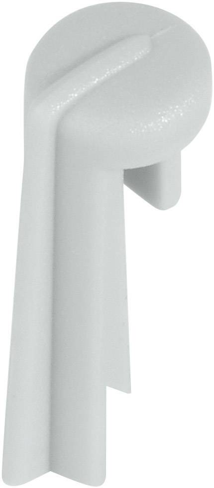 Pièce de rechange en plastique grise avec une surface supérieure arrondie et deux fentes. Utilisée comme poignée de robinet ou levier de réglage.