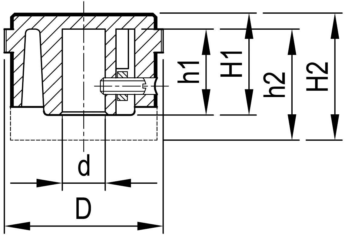 Dessin technique d'un composant avec plusieurs dimensions : d, D, H1, H2, h1, h2. Coupes transversale et longitudinale avec des dimensions détaillées.
