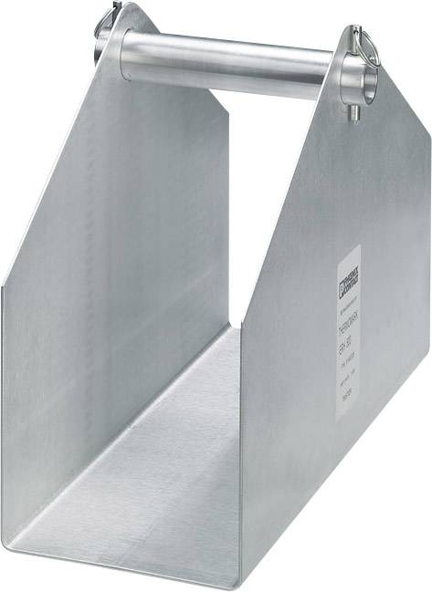 Support métallique avec poignée cylindrique en haut, étiquette sur le côté. Adapté pour la fixation ou le rangement d'objets.