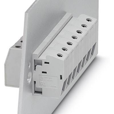 Bloc de bornes en tons de gris, monté sur une surface métallique. Il dispose de six points de connexion pour des branchements électriques.