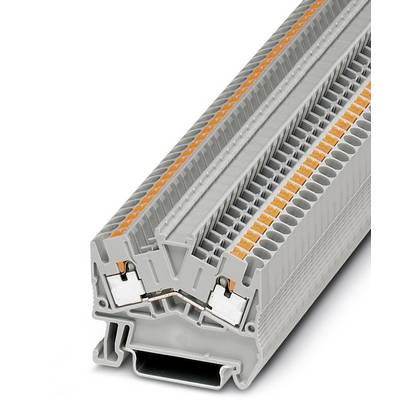 Un bloc de bornes de raccordement gris avec des zones de commutation orange, illustrant la technique de connexion électrique pour les boîtes de distribution.