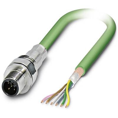 Un câble vert à plusieurs brins avec une connexion métallique. Les extrémités présentent différentes couleurs de fils.