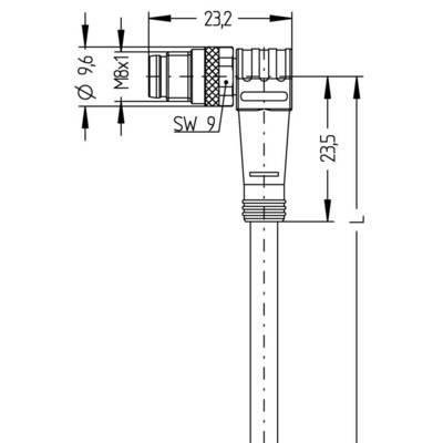Dessin technique d'un connecteur avec les dimensions suivantes : diamètre 9,6 ; longueur totale 23,2 ; filetage M8x1 ; largeur de clé 9 ; hauteur 23,5.