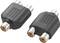 Deux adaptateurs RCA noirs; convertissant les connexions mâles en femelles pour les connexions audio et vidéo.