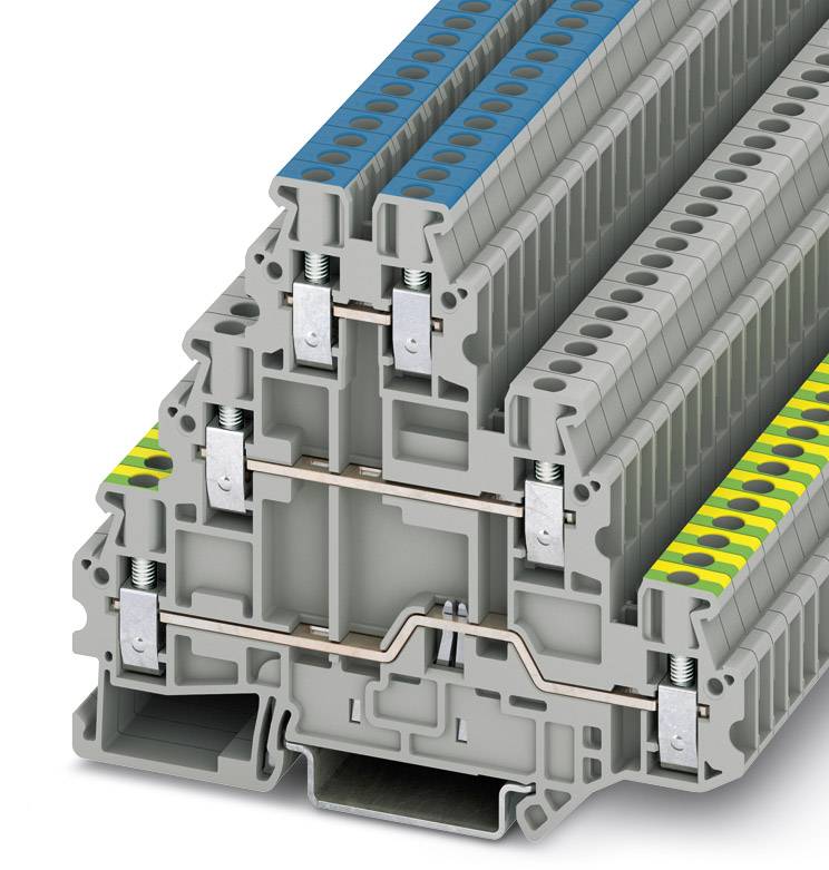 Illustration d'un système modulaire de borniers en série dans les couleurs gris, bleu et jaune, montrant leur empilabilité et leurs connexions de câblage.