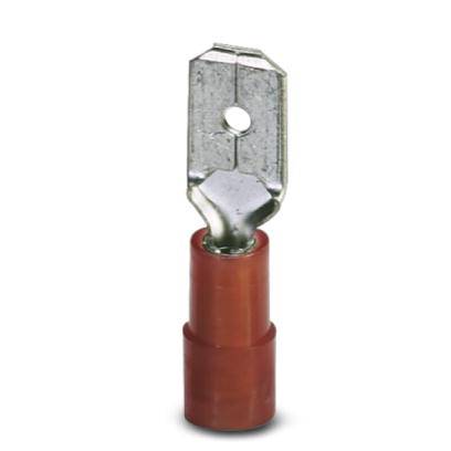 'Fiche plate DIN avec boîtier isolant rouge, adaptée aux connexions électriques dans les installations électriques.'