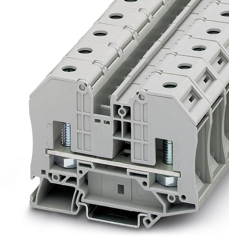 Gris, bornier modulaire de connexion en plastique avec plusieurs connexions à vis et à enfichage pour installations électriques.