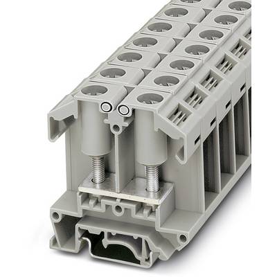 Barrette électrique grise avec plusieurs points de connexion permettant des raccordements de fils. Vis de fixation visibles.