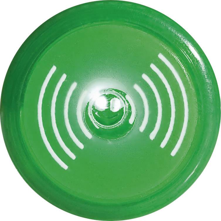 Un bouton vert avec des lignes ondulées blanches rayonnant de manière circulaire depuis le centre. Symbolisant l'activation ou un signal.