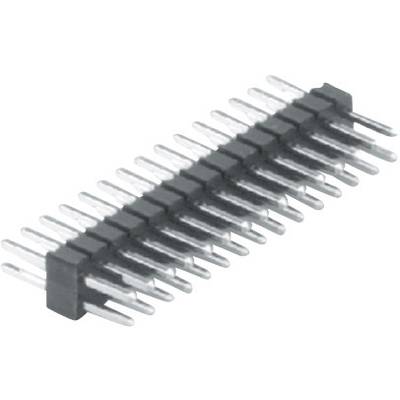 Un connecteur à barrette à broches à deux rangées avec de nombreuses broches métalliques sur un boîtier en plastique noir, utilisé pour les connexions électroniques.