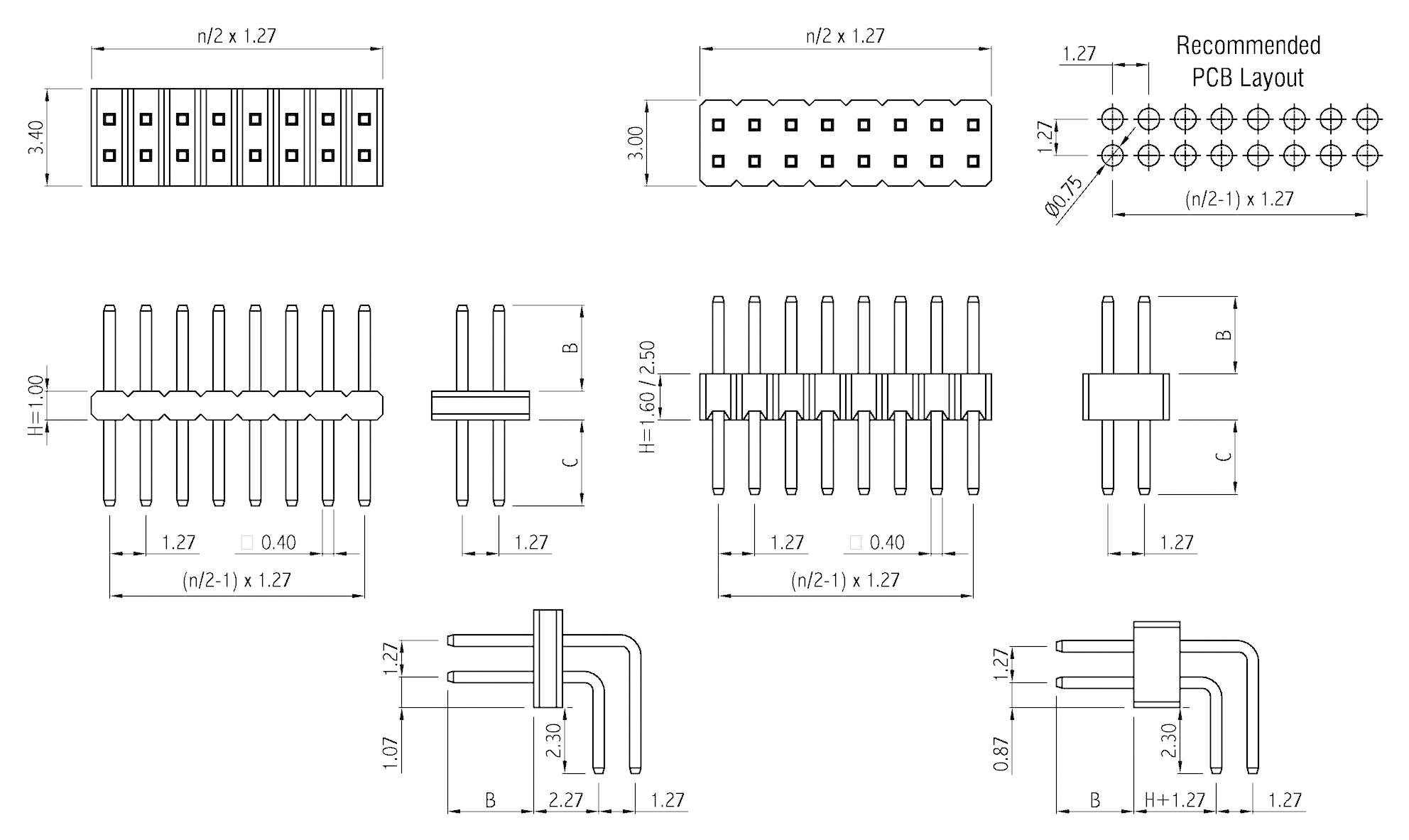 Dessin technique d'un connecteur électrique avec indications dimensionnelles, montrant les broches et l'agencement recommandé pour circuit imprimé, dimensions en mm.