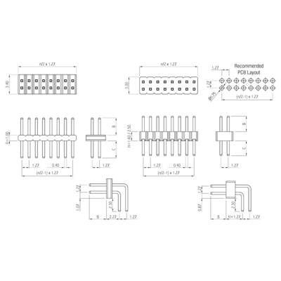 Dessin technique d'un connecteur électrique avec indications dimensionnelles, montrant les broches et l'agencement recommandé pour circuit imprimé, dimensions en mm.