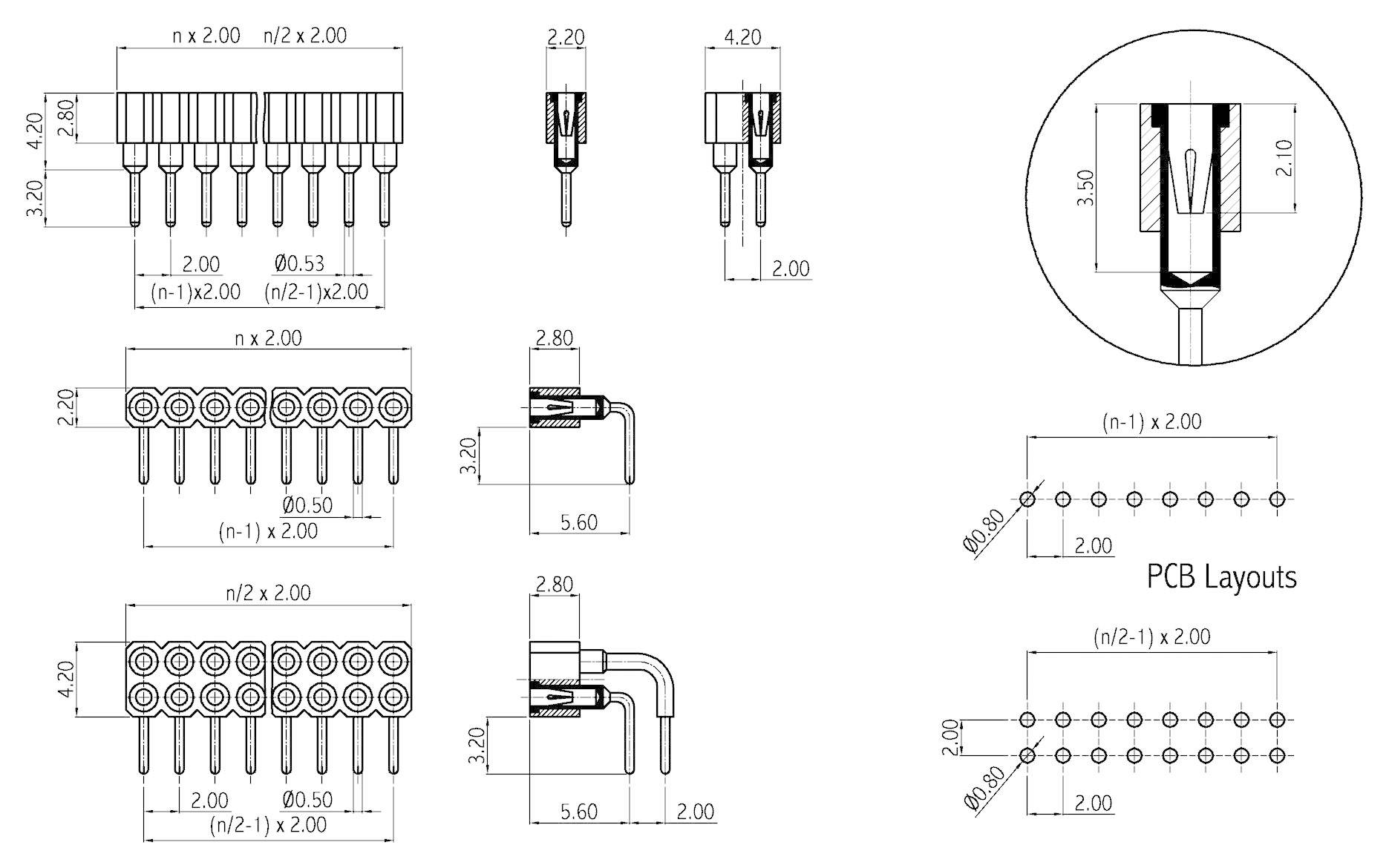 'Dessin technique de connecteurs de circuits imprimés avec dimensions et dispositions pour le montage. Présente une vue de dessus, une vue latérale et le positionnement des broches.'