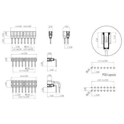 'Dessin technique de connecteurs de circuits imprimés avec dimensions et dispositions pour le montage. Présente une vue de dessus, une vue latérale et le positionnement des broches.'