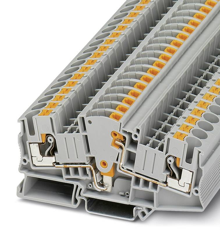 Module de jonction gris à deux étages avec des bornes oranges. Il sert au câblage et à la distribution des lignes électriques.