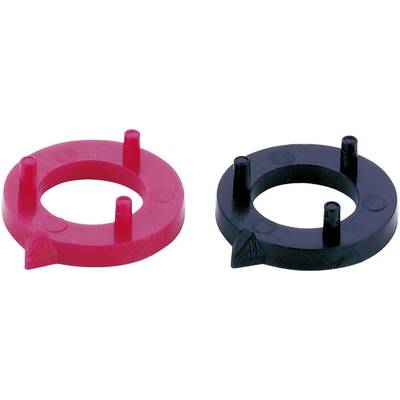 Deux anneaux en plastique ronds, l'un rouge et l'autre noir, chacun avec trois broches pointant vers le haut.