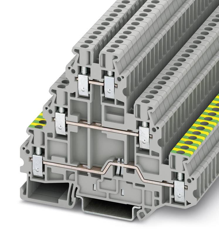 Un bloc de bornes multicomposant avec des composants gris et partiellement vert-jaunes, adapté aux connexions électriques.