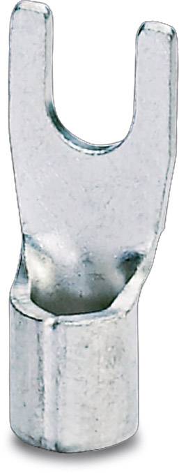 Cosse de câble métallique en forme de fourche, adaptée à la connexion électrique de câbles avec des bornes à vis. Traces d'usure peu visibles.