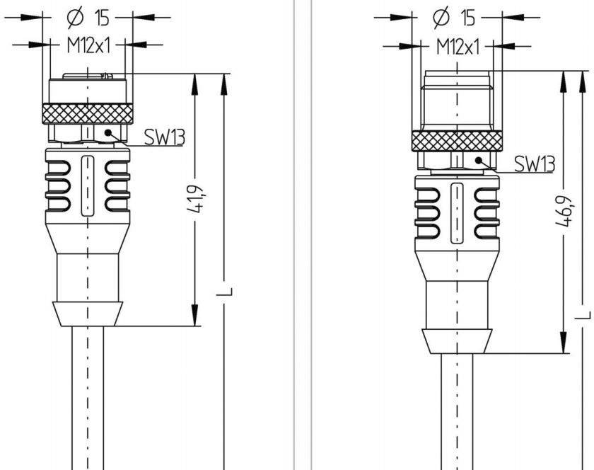 Dessin technique d'une fiche avec des détails sur les dimensions et le filetage. Gauche : longueur 419 mm, droite : longueur 469 mm, filetage M12x1.