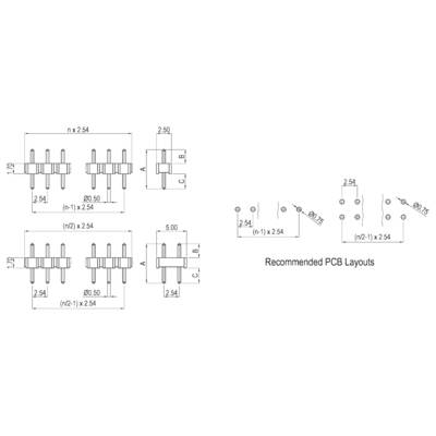 'Dimensions des barrettes de broches et disposition PCB recommandée : présente les configurations de barrettes de broches avec un espacement de broches de 2,54 mm.'
