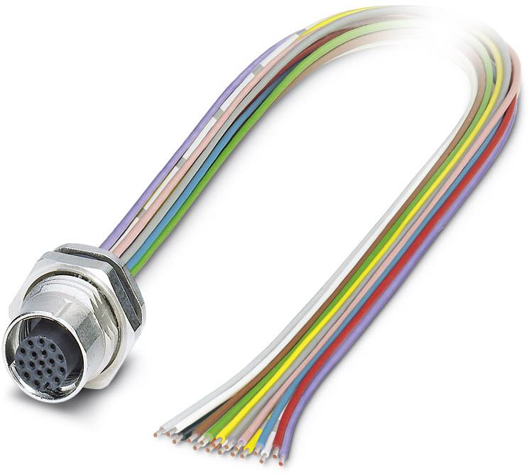Un faisceau de câbles multicolore avec un connecteur multipôle en métal, utilisé pour les connexions électroniques.