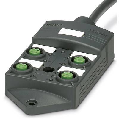 Une boîte de raccordement électrique noire avec quatre prises vertes et un câble noir, adaptée aux applications industrielles.