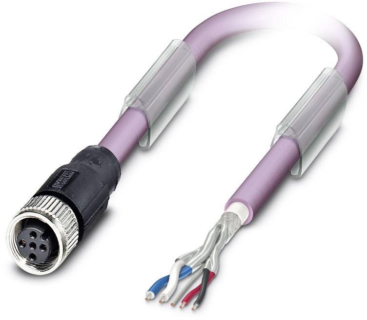 Un câble multibrins avec une fiche métallique ronde et des fils dénudés, repérés par couleur : bleu, blanc, rouge, gris.