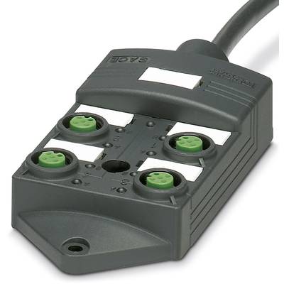 Un boîtier de distribution noir avec quatre connecteurs verts, étiquetés 'SACB', pour des connexions de câbles industriels.