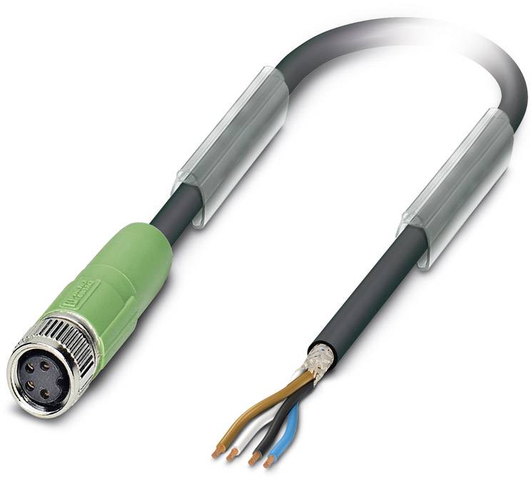 Un câble de connexion industriel avec une fiche verte d'un côté et des fils dénudés de l'autre, adapté aux applications industrielles.