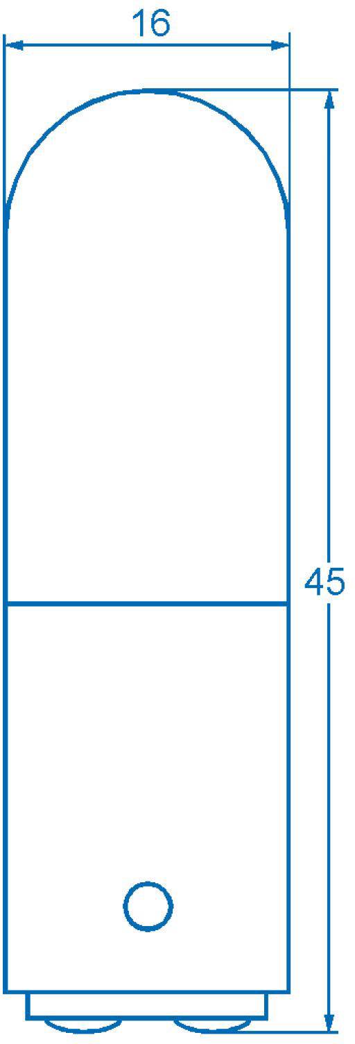 Dessin technique d'un objet cylindrique. Hauteur 45 unités, largeur 16 unités. Section inférieure avec détail circulaire.