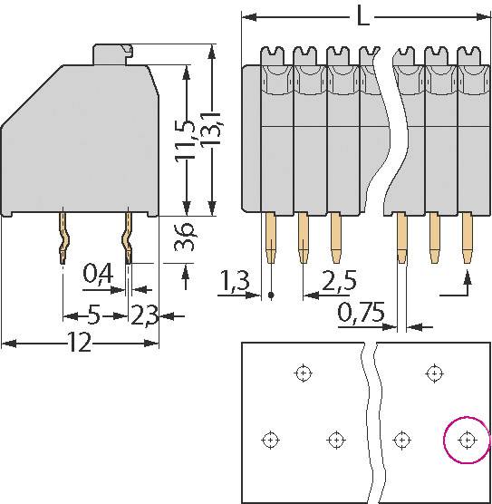 Dessin technique d'un connecteur avec dimensions : largeur 12 mm, hauteur 13,1 mm, écart entre broches 2,5 mm. Vue détaillée du positionnement des broches.