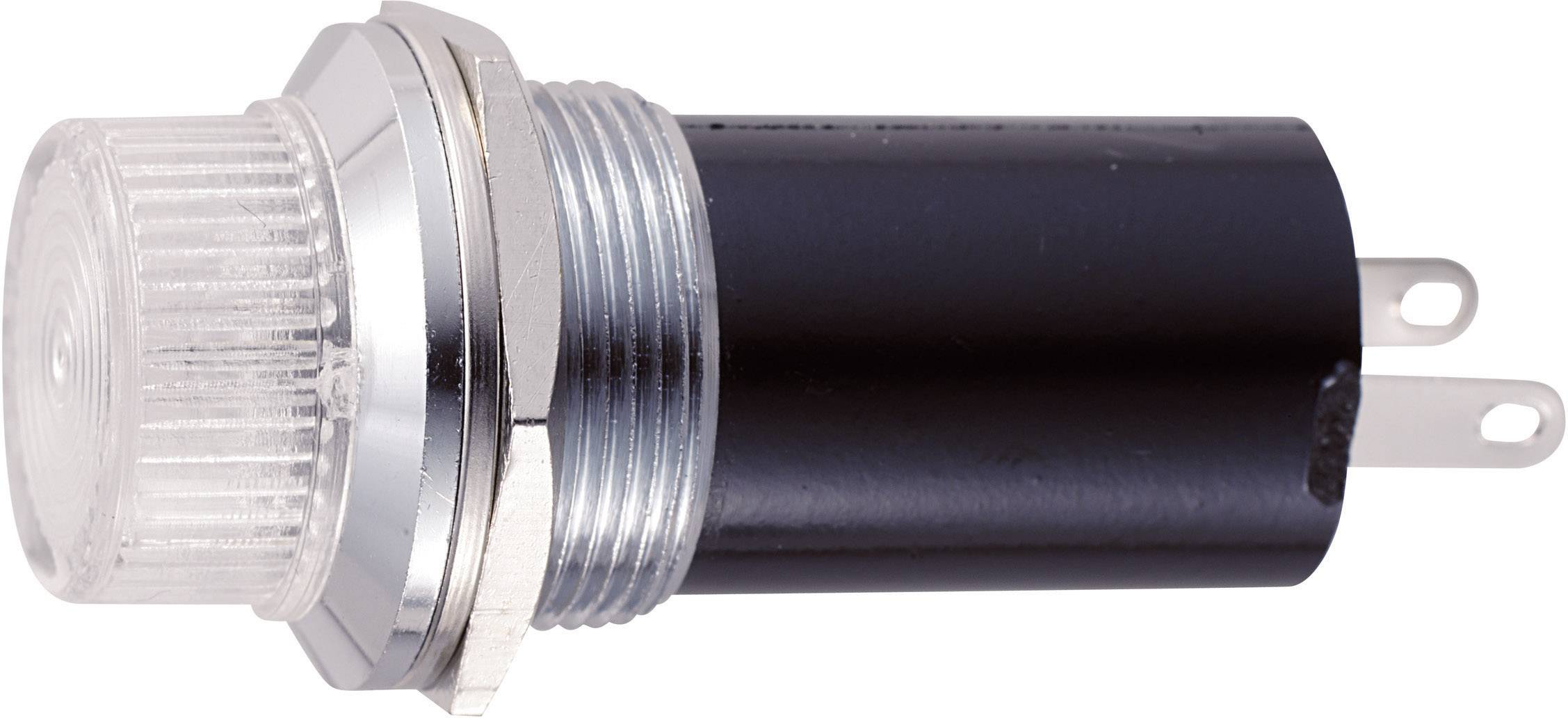 Image d'un bouton cylindrique noir avec un filetage métallique et une zone de pression transparente et striée. Deux contacts métalliques sont visibles.