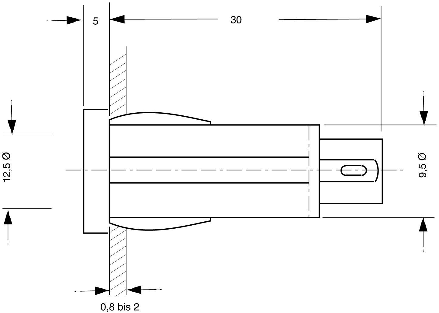 Dessin technique d'un cylindre avec les dimensions suivantes : longueur 30, diamètre 9,5 à la pointe et 12,5 à la base, distance du mur 5.