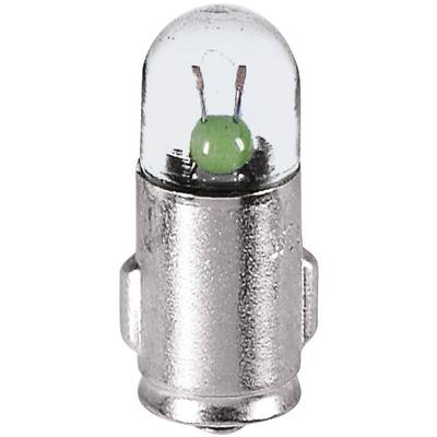 Un voyant LED vert dans un boîtier métallique sous une capsule transparente. C'est un composant d'éclairage miniature.